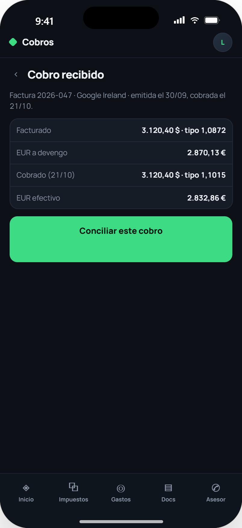 Pantalla de cobro recibido: comparación entre el euro a devengo y el euro efectivo, con los asientos propuestos automáticamente