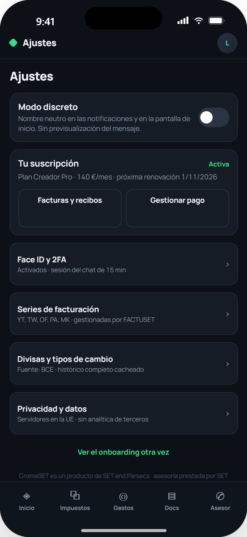 Pantalla de ajustes con el interruptor de modo discreto activado