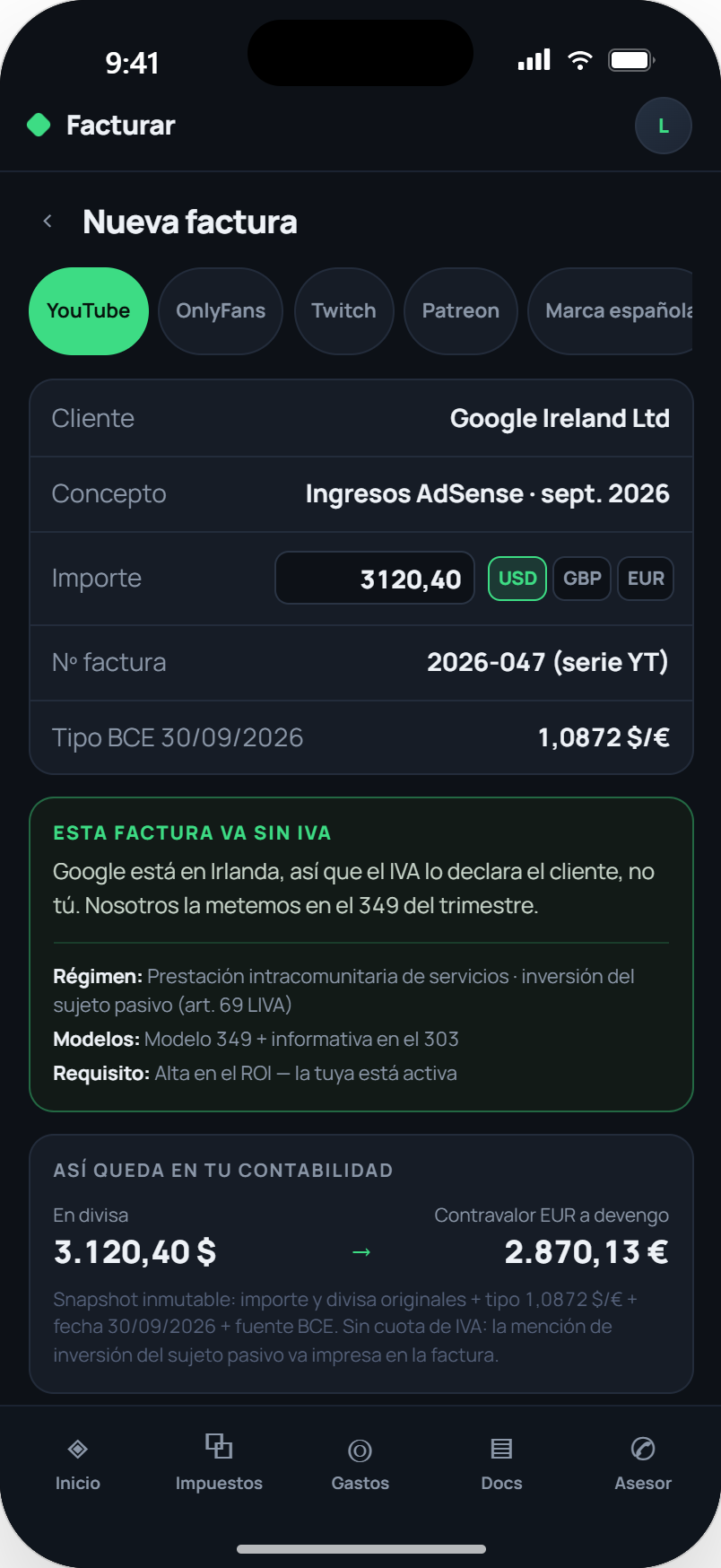 Pantalla de nueva factura: plantilla YouTube, importe en dólares, tipo BCE y explicación fiscal en lenguaje llano