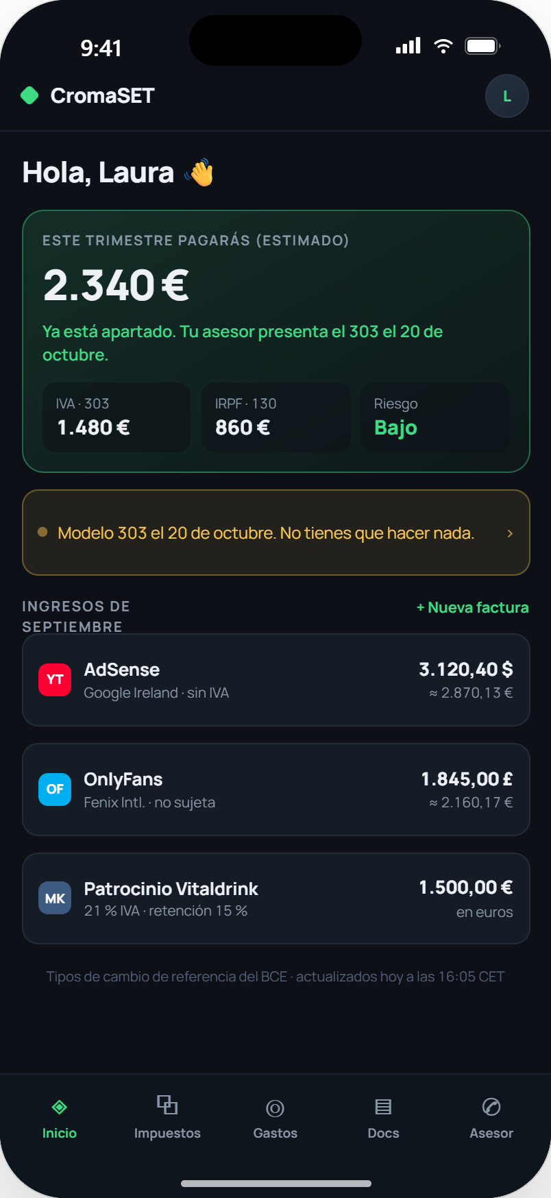 Pantalla de inicio de CromaSET: previsión del trimestre e ingresos de AdSense, OnlyFans y patrocinios en su divisa y en euros